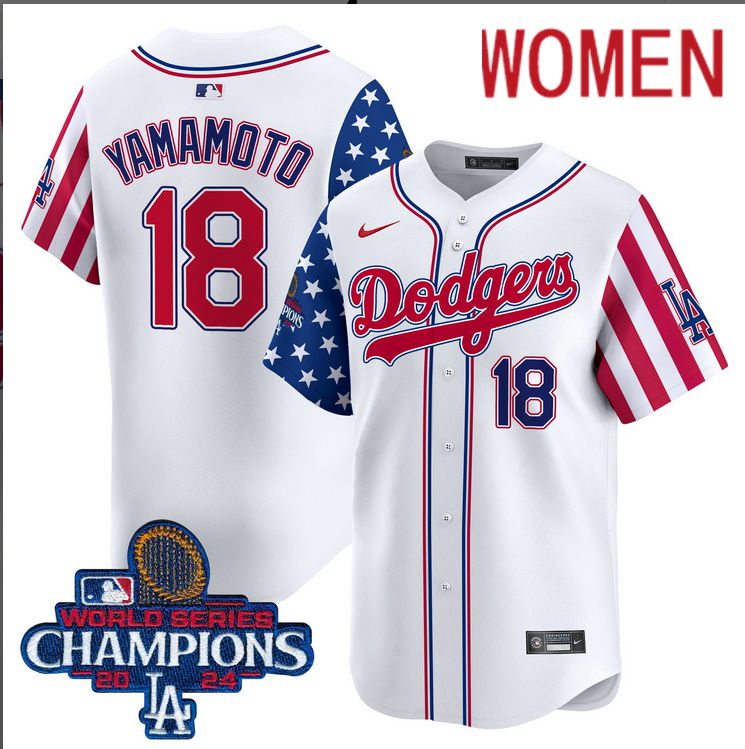 Women MLB Los Angeles Dodgers #18 Yamamoto American Style white 2024 World Series Champions  Limited Jersey->women mlb jersey->Women Jersey